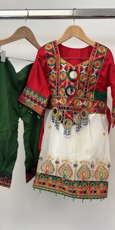 Red and gold embroidered new shalwar kameez girls, age approx 5