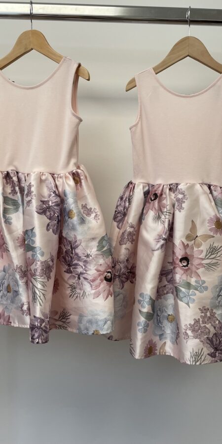 2x H&M matching dresses pale blue pink with floral full skirt