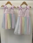 2x Jona Michelle matching girls party dresses rainbow tulle – front
