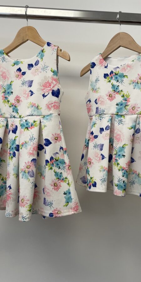 2x matching Peacocks Angel white dresses with blue and pink flowers, age 12-18m & 3-4 years