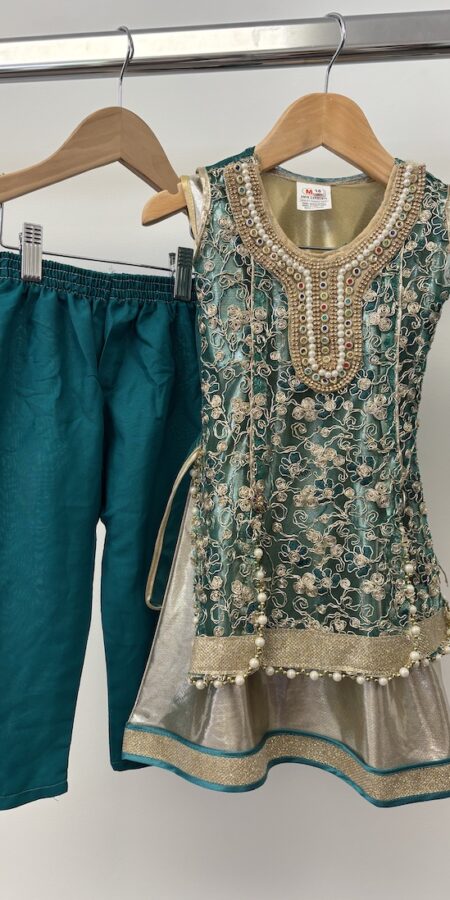 Mag emerald green beaded sleeveless shalwar girls set, size 18m