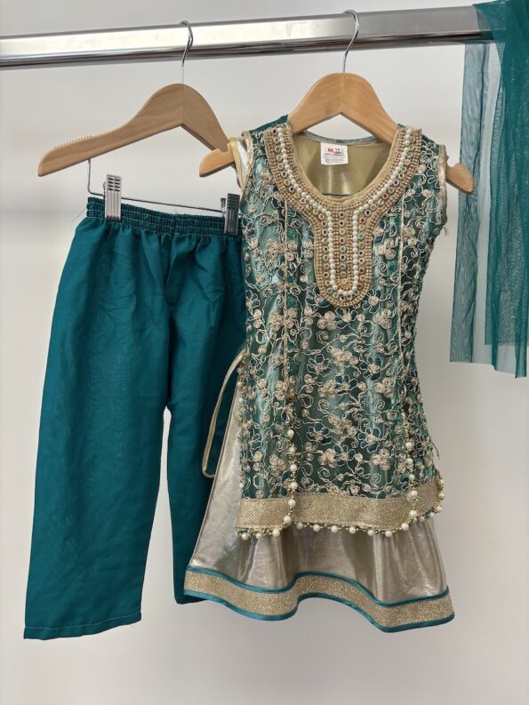 Mag emerald green beaded sleeveless shalwar girls set, size 18m