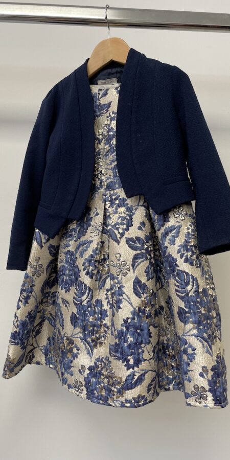 Mini Club metalic gold and blue flower print taffeta structured party dress with River Island navy blazer