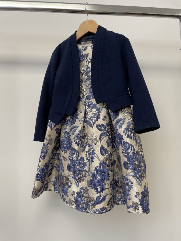 Mini Club metalic gold and blue flower print taffeta structured party dress with River Island navy blazer