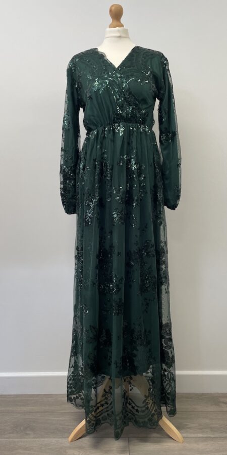 New without tag green sequinned long sleeved occasion dress, fits size 8-10