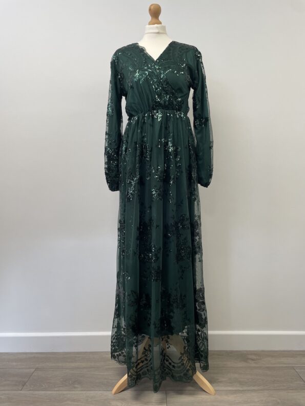 New without tag green sequinned long sleeved occasion dress, fits size 8-10