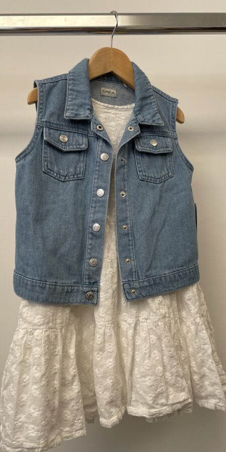 New with tag F&F white anglais broderie fabric dress with sleeveless denim jacket, age 6-7