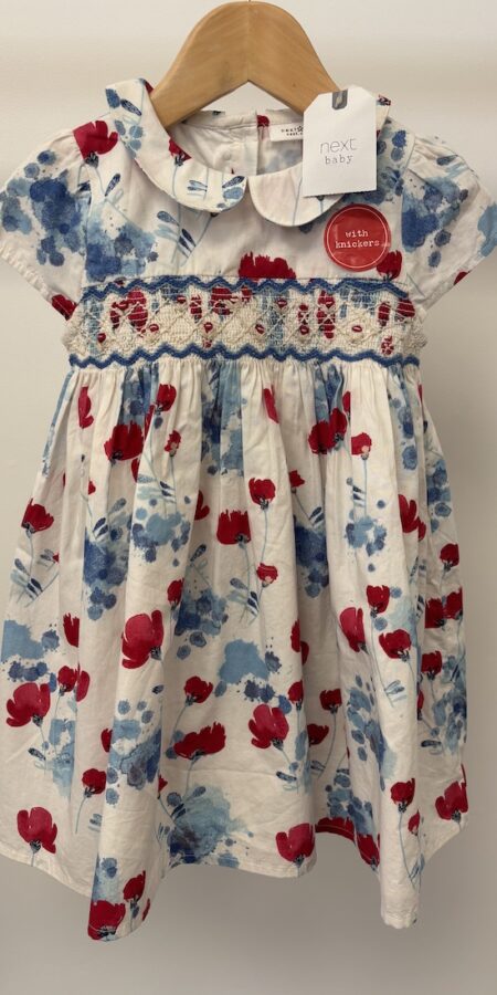 Next new with tag matching little girls poppy dress and knicker set, 18m