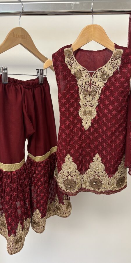 No label maroon gharara set little girl, 3 pieces, around age 3