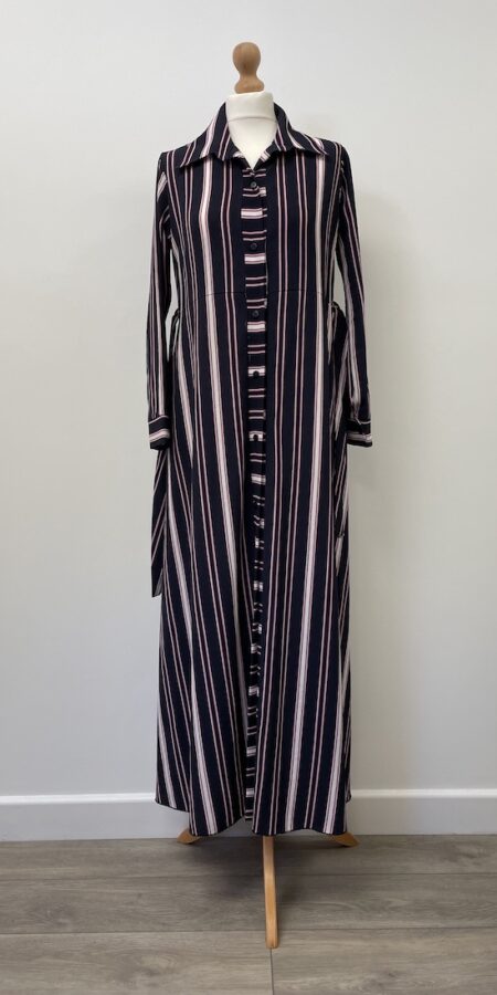 No label navy and pink striped long sleeved maxi shirt dress, approximate size 14