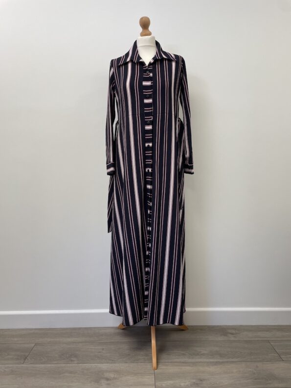 No label navy and pink striped long sleeved maxi shirt dress, approximate size 14