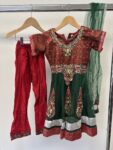 No label red and green asian little girls dress set, size 26 (age 4-5)