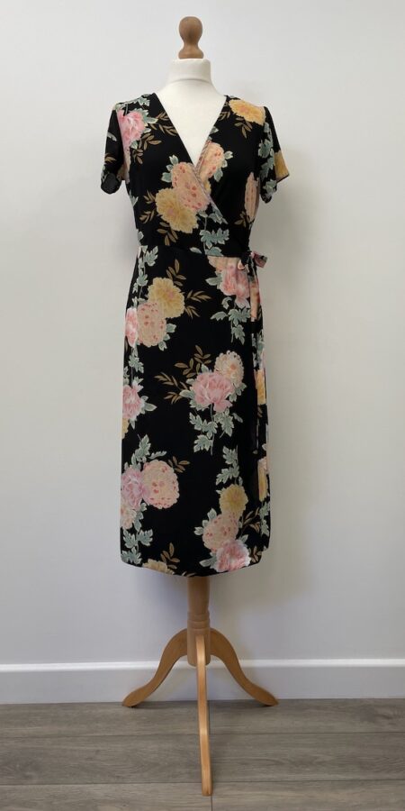Primark black and floral wrap dress, size 12