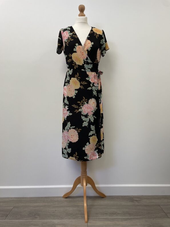 Primark black and floral wrap dress, size 12