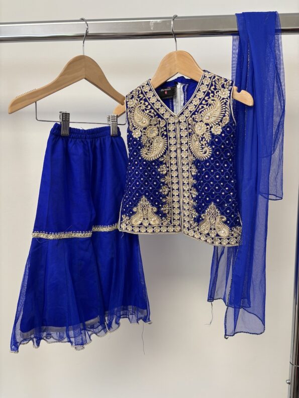 Sahiba vibrant blue with gold embroidery gharara set for little girl