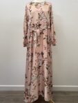 Satin soft pink floral long sleeved maxi dress – full view