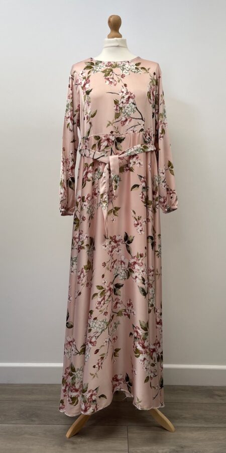 pink floral satin long sleeved maxi dress