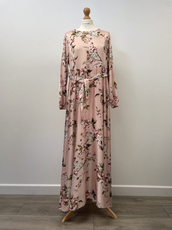 pink floral satin long sleeved maxi dress
