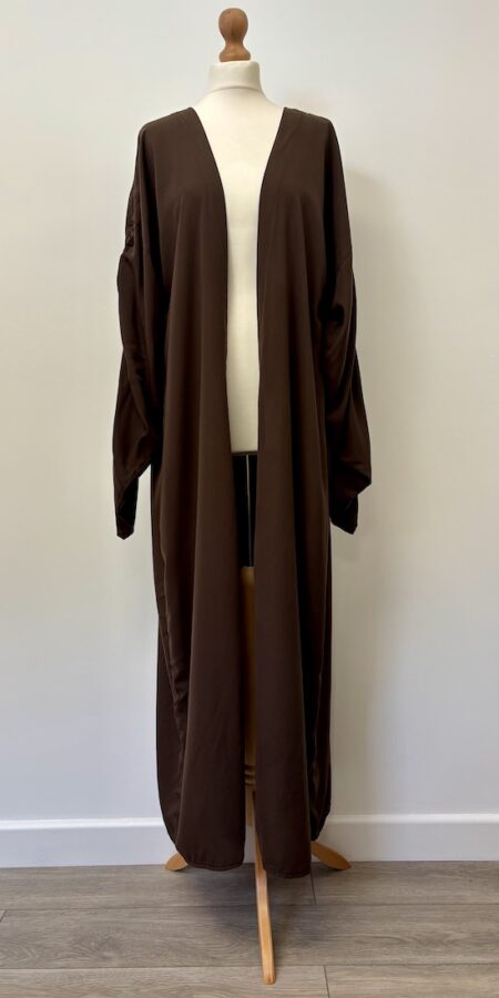 Off Duty Cut brown open front abaya with ruched/gathered arm design
