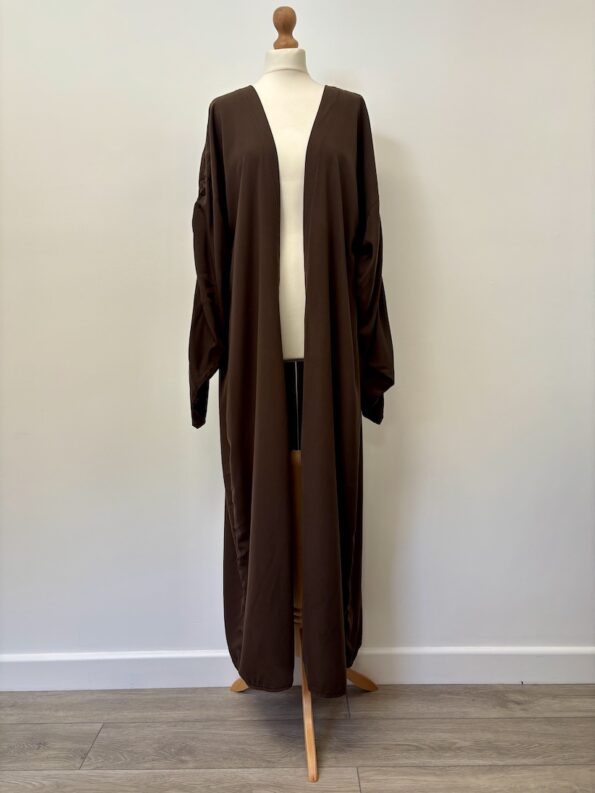Off Duty Cut brown open front abaya with ruched/gathered arm design
