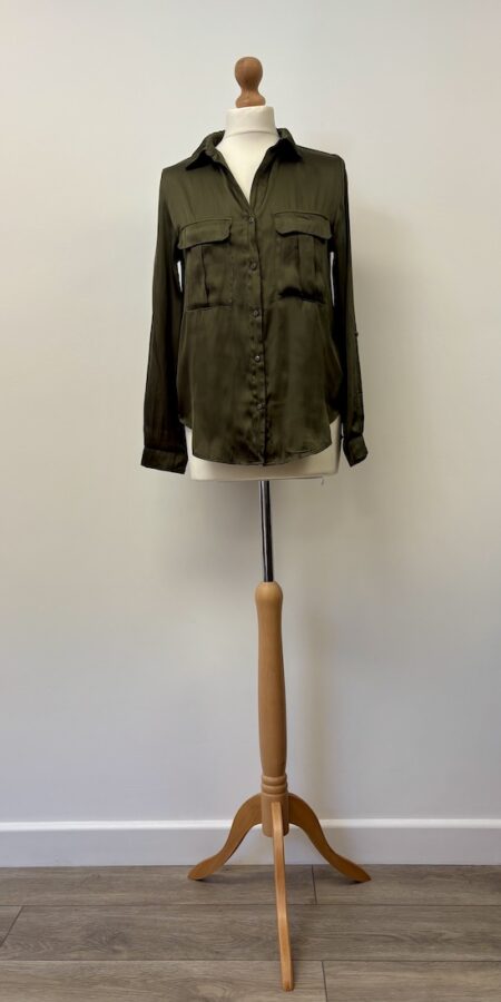 H&M khaki green satin style blouse, size 6-8