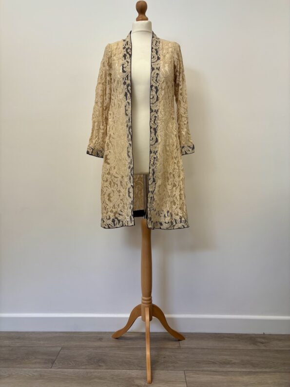 Hand Stitched/tailored beige lace with brown trim open front jacket, fits size 10-12