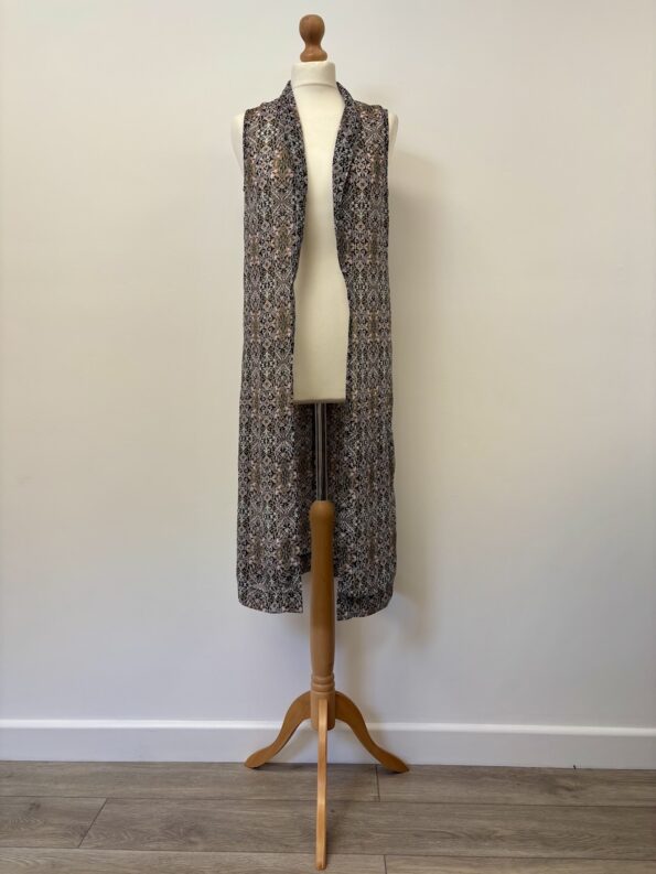 Miss Selfridge sleeveless open front patterned loose long vest/waistcoat/overjacket, size 8