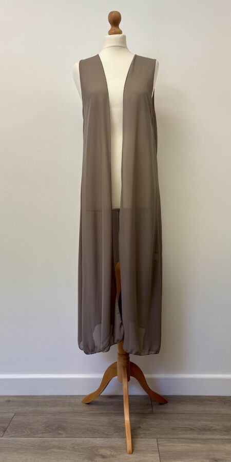 Silver grey long sleeveless waistcoat/overwrap, size 8-10