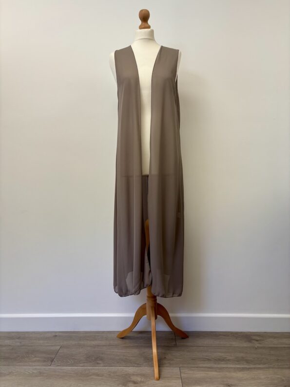 Silver grey long sleeveless waistcoat/overwrap, size 8-10