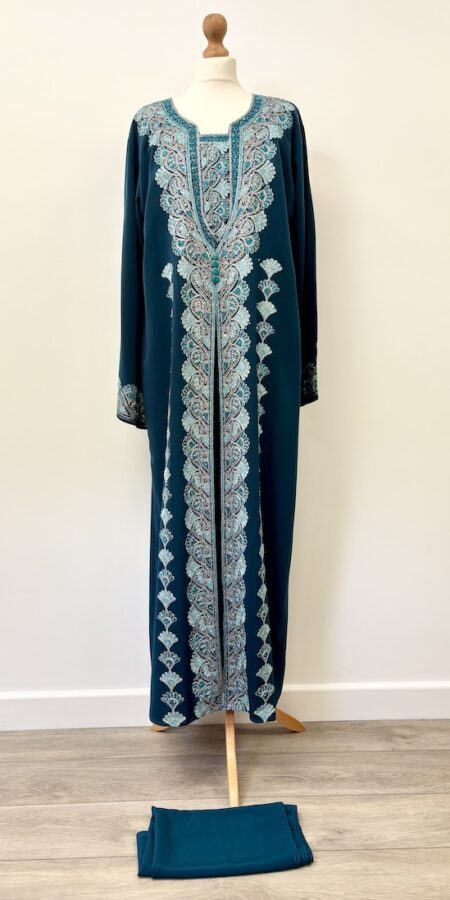 Teal long embroidered abaya dress with matching scarf - fits up to size 16