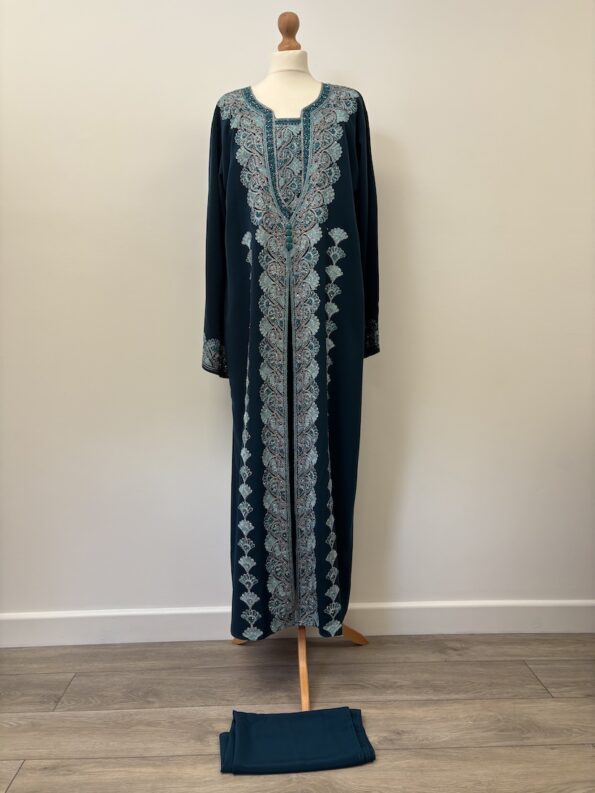 Teal long embroidered abaya dress with matching scarf - fits up to size 16